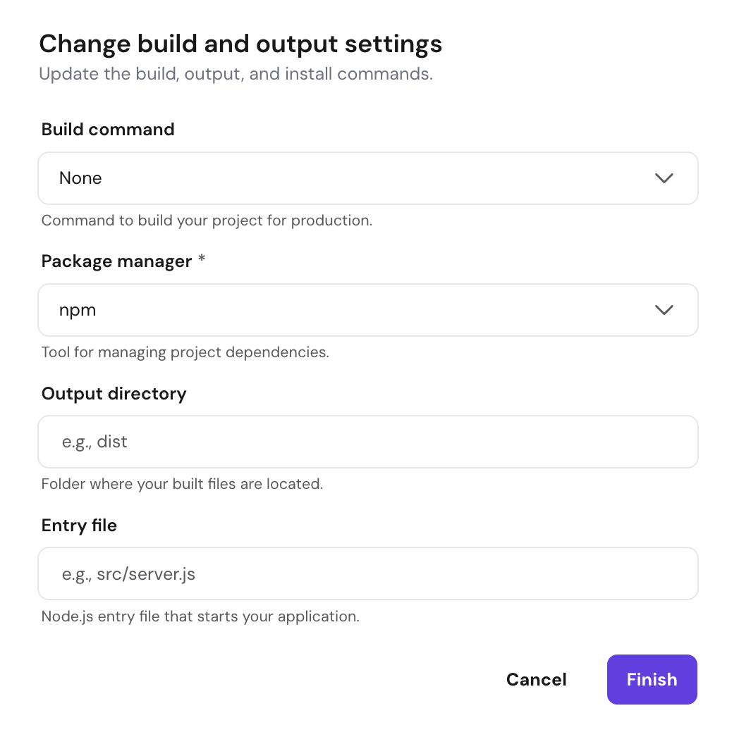Les champs de saisie des paramètres de build manuels de l’application web Codex dans le hPanel de Hostinger