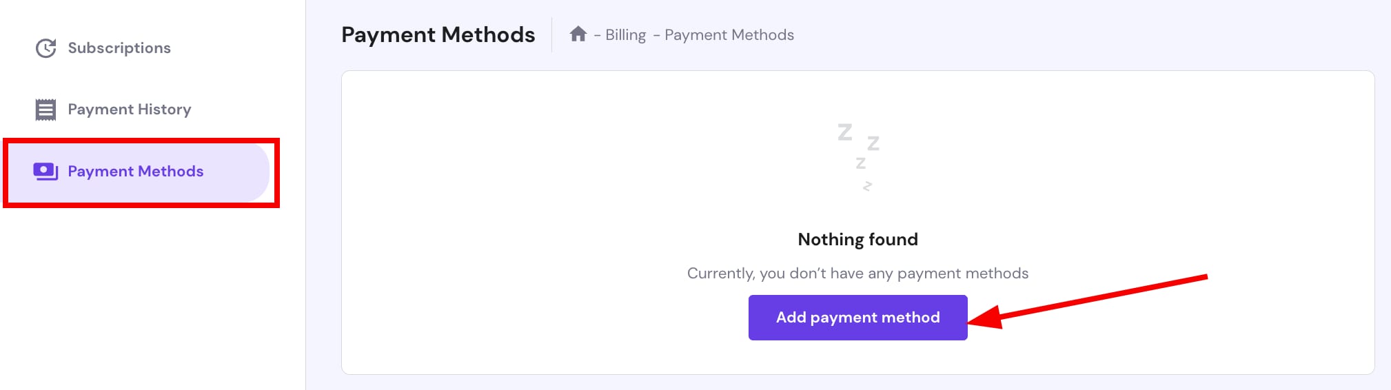 Menambahkan metode pembayaran tambahan di hPanel → Billing → Payment Methods