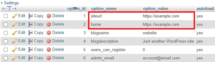 Nilai siteurl dan beranda untuk situs web WordPress di database