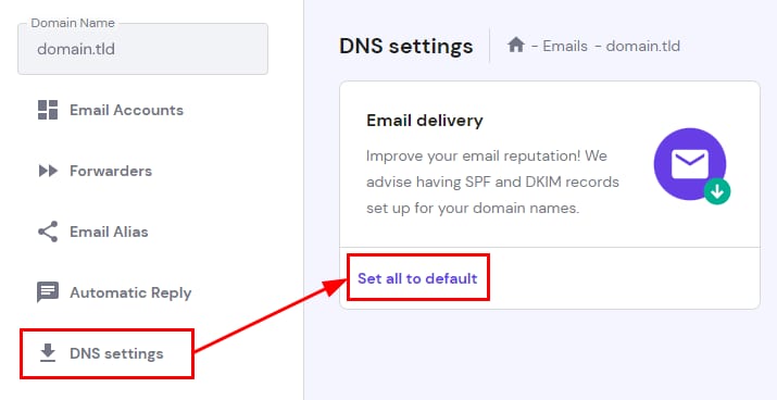 The Email DNS settings section showing how to set all email DNS to Hostinger's default