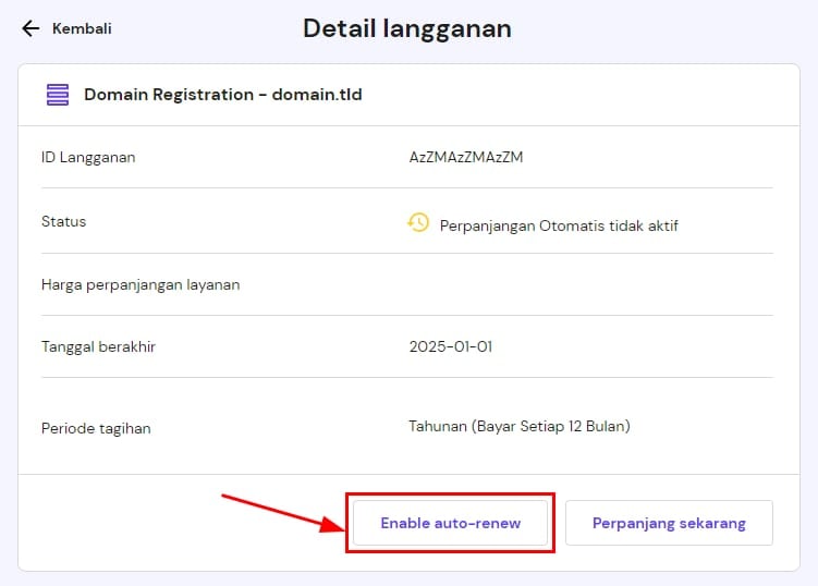Tombol Aktifkan perpanjangan otomatis di halaman detail langganan