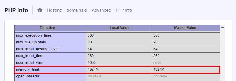 Nilai memory_limit PHP pada halaman Info PHP