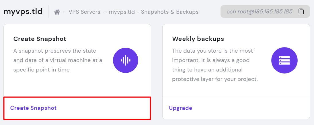Bagian Snapshot dan Cadangan di hPanel → VPS