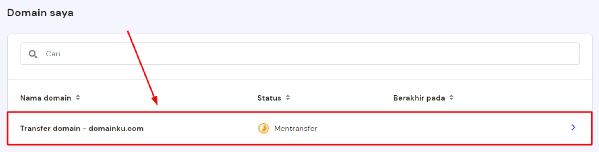 Melihat status transfer domain di bagian Domain