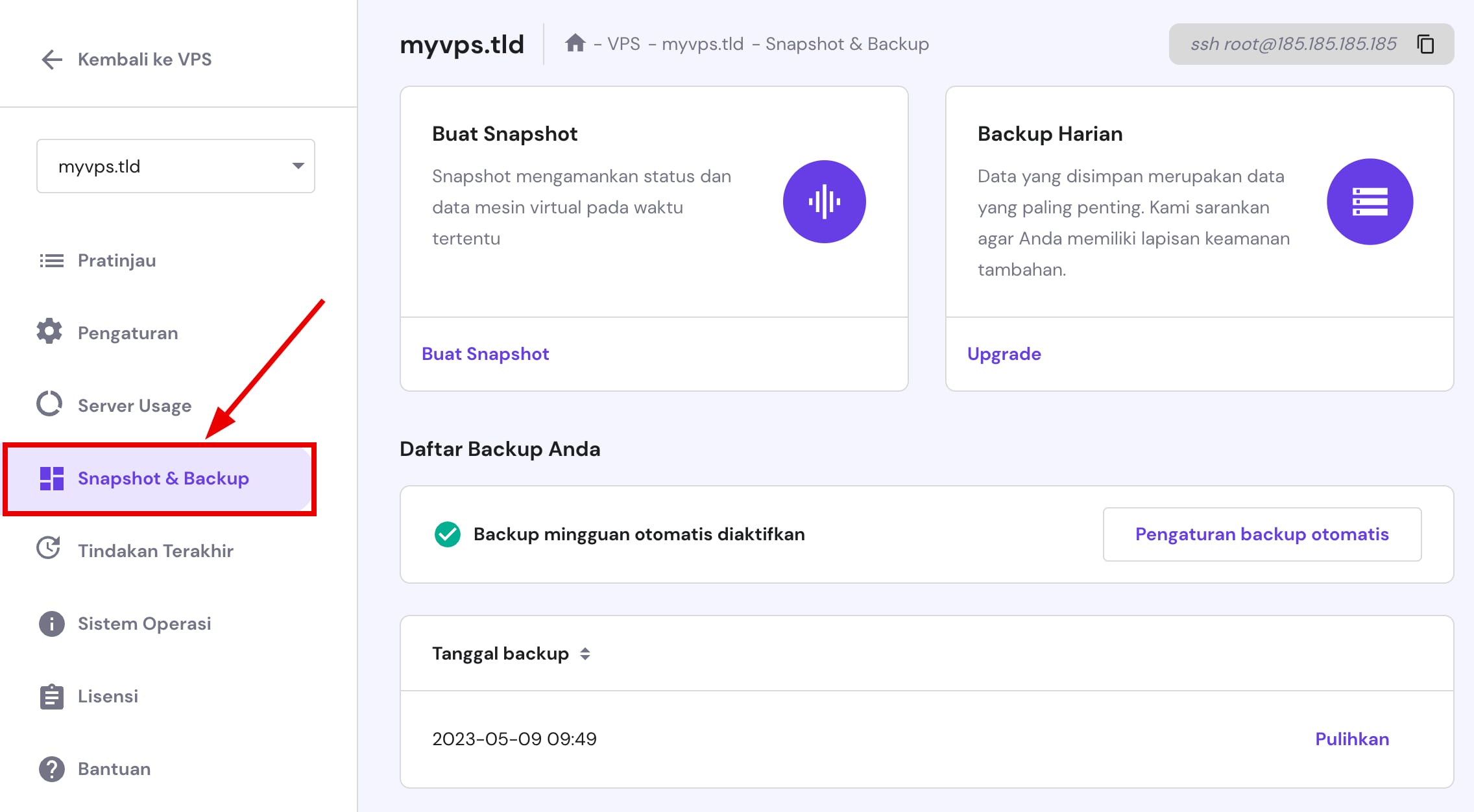 Bagian Snapshot dan Cadangan di hPanel → VPS