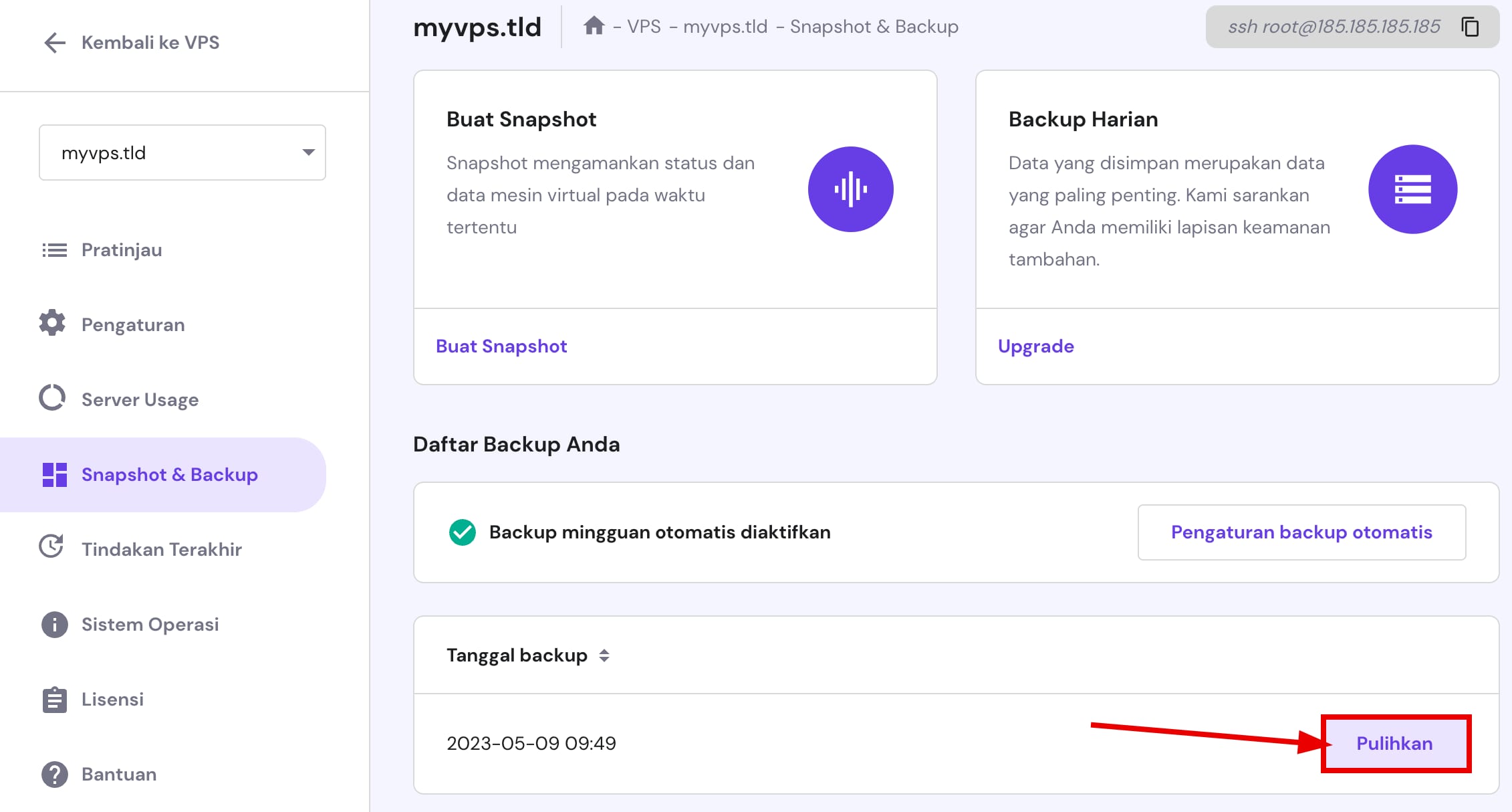 Memulihkan cadangan VPS