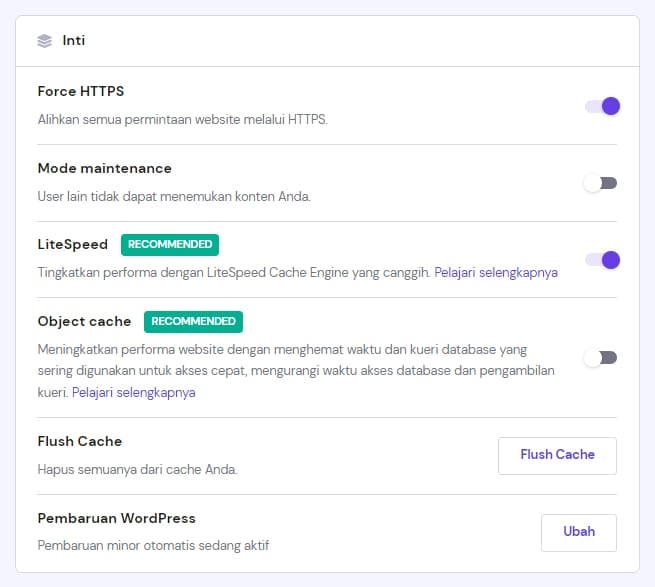Bagian Inti di Dashboard Pratinjau WordPress