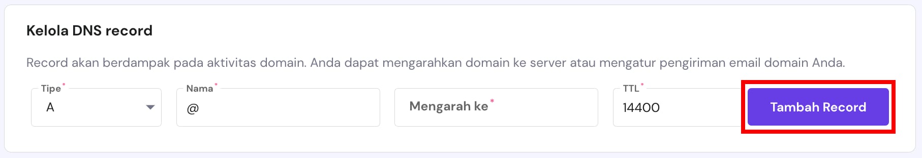 Bagian Kelola catatan DNS yang menunjukkan cara menambahkan catatan baru