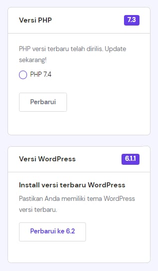 Opsi untuk mengubah versi PHP dan WordPress di WordPress → Pratinjau → Dashboard