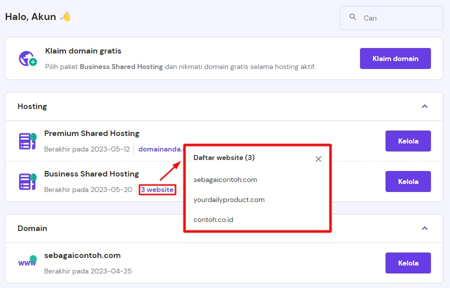 Bagian Beranda hPanel yang menunjukkan cara melompat ke halaman manajemen situs web