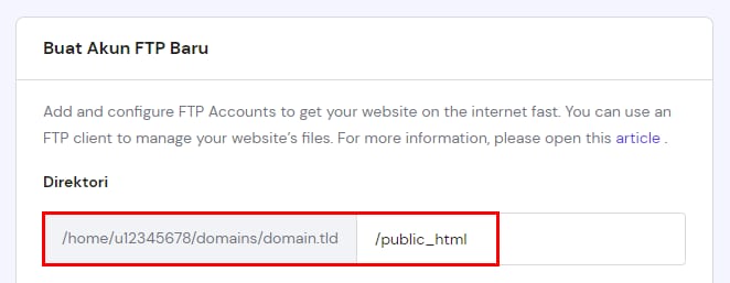 Bagian Buat akun FTP Baru menunjukkan jalur folder root