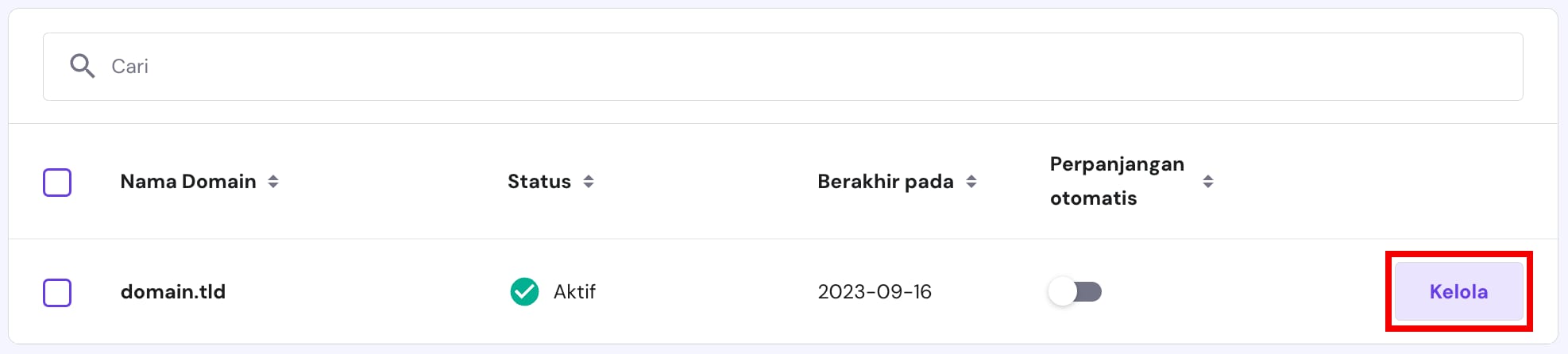 Tombol Kelola di bagian Domain di Hostinger
