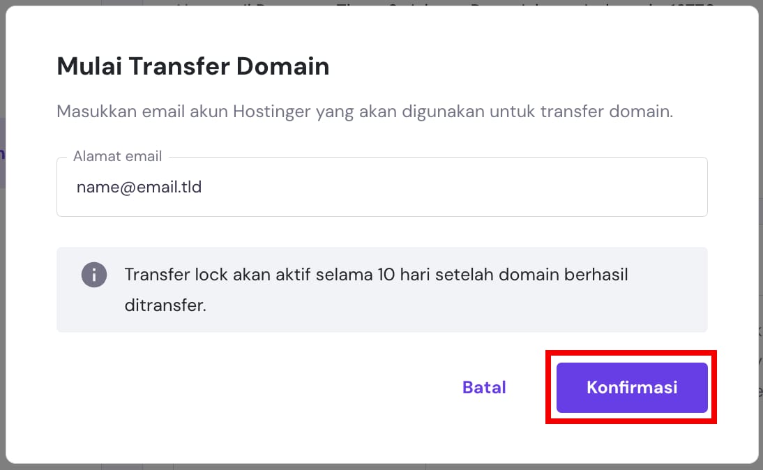Jendela Memulai pemindahan domain untuk memasukkan alamat email tujuan dan tombol konfirmasi