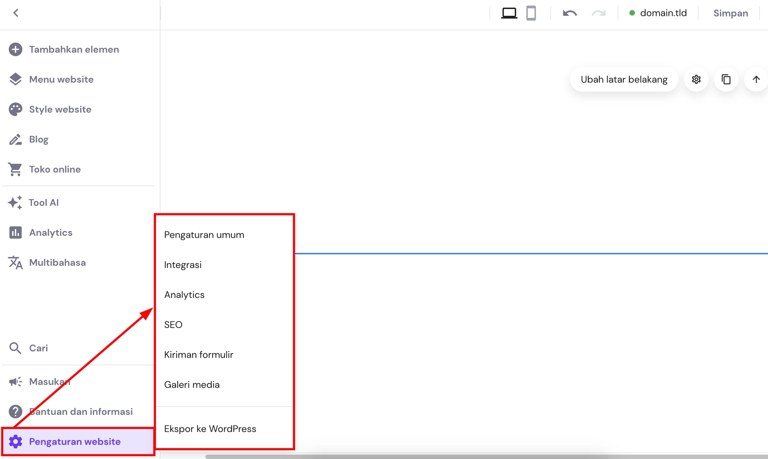 Pengaturan situs web di Pembangun Situs Web Hostinger