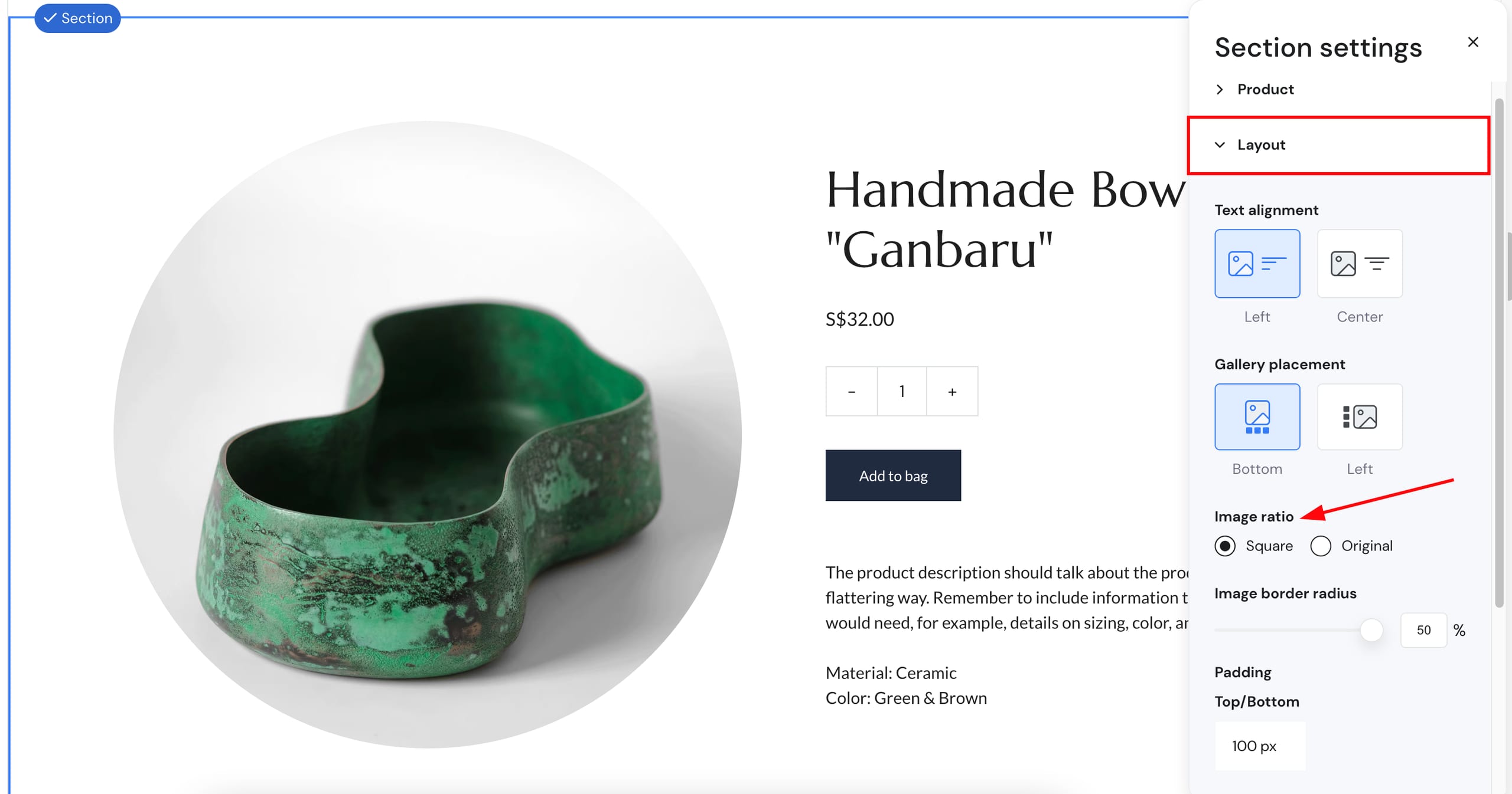 Mengubah rasio gambar produk di bagian produk