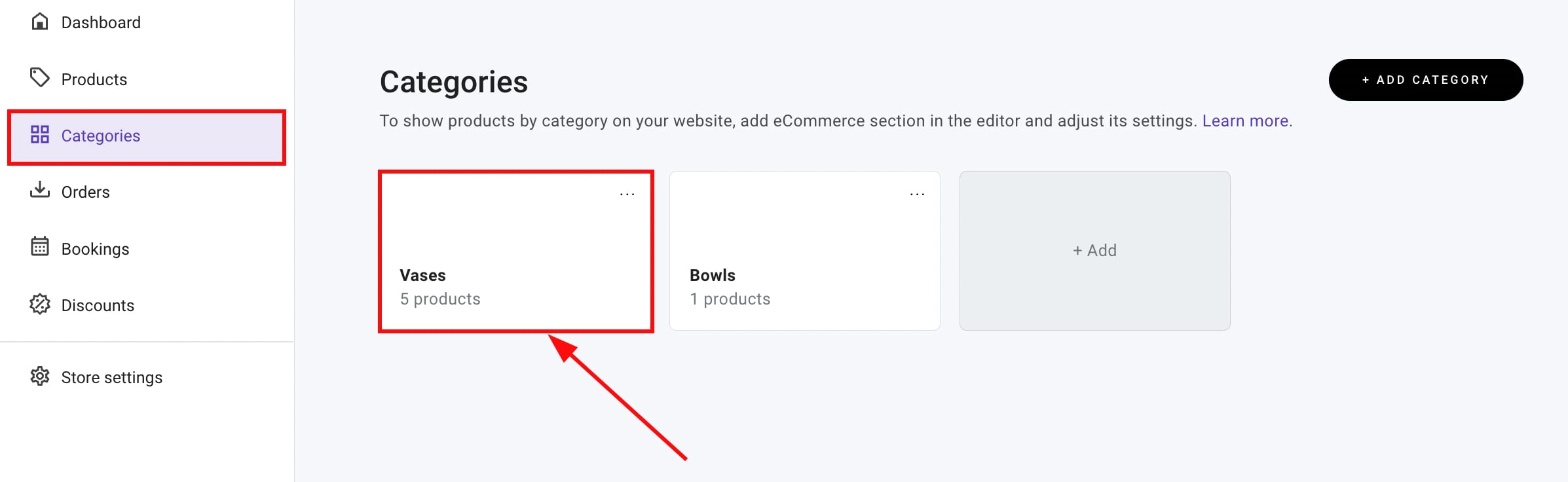 Product category settings in Hostinger Website Builder
