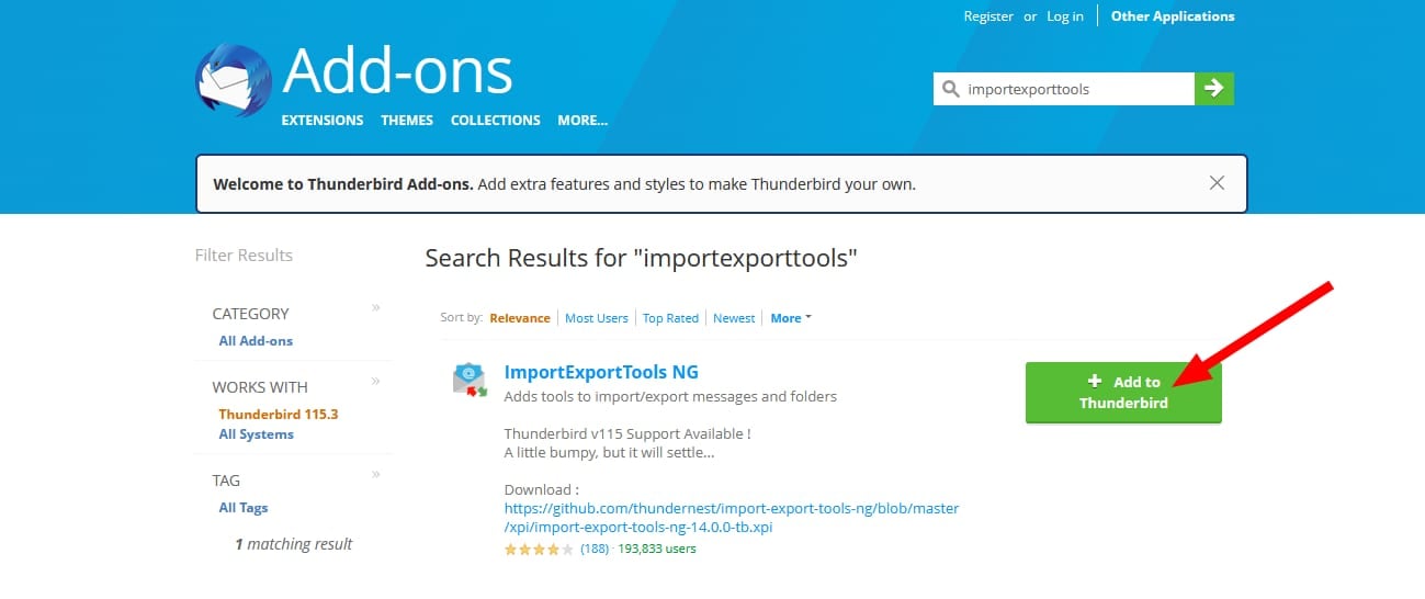 Installing the ImportExportTools NG extension in Thunderbird