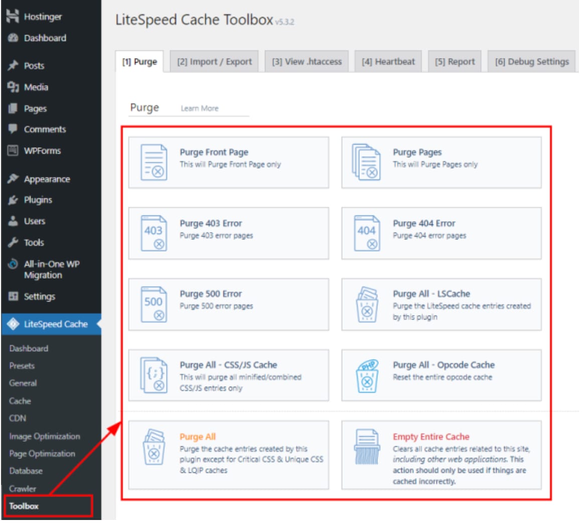 The Toolbox section in the LiteSpeed Cache plugin's settings