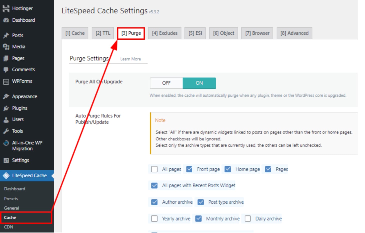The Purge tab in the LiteSpeed Cache plugin settings