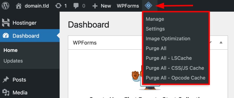 The LiteSpeed Cache icon in the upper toolbar within the WordPress admin panel