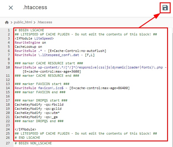 The lines to remove from the .htaccess file in order to clear LiteSpeed cache