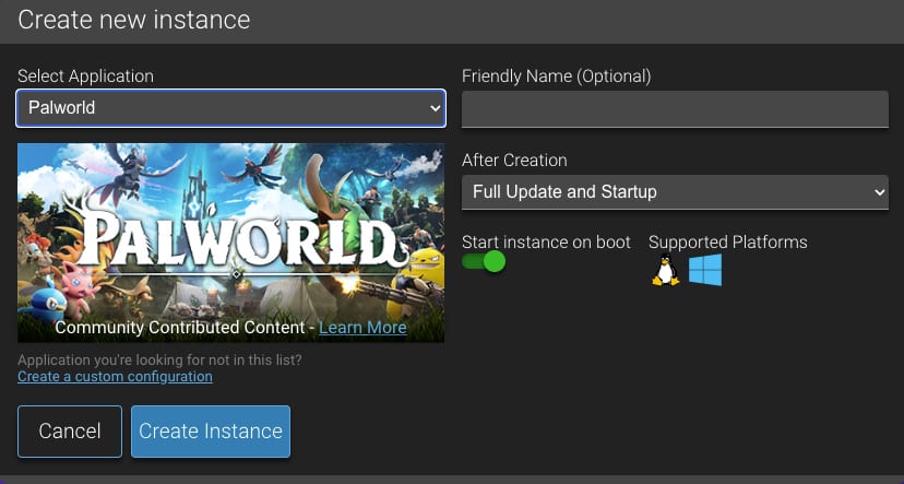The Create new instance options on Game Panel to create a Palworld instance