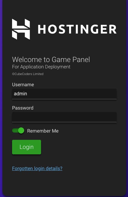The Game Panel login page