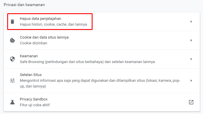 Menghapus cache dan cookie untuk mengatasi error 403