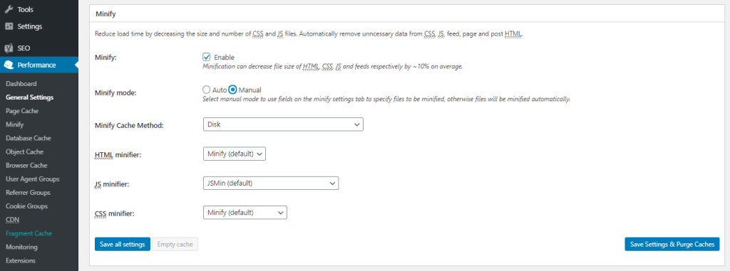tampilan plugin w3 total cache menunjukkan bagian minify css dan js