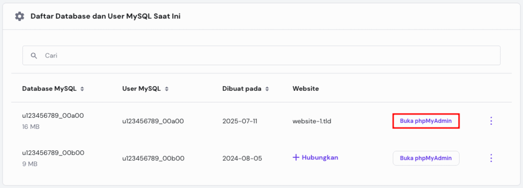 Tampilan menu database hPanel dengan opsi Buka phpMyAdmin yang dipilih