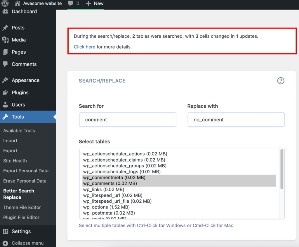Pesan konfirmasi plugin Better Search Replace setelah berhasil menjalankan search and replace di database WordPress