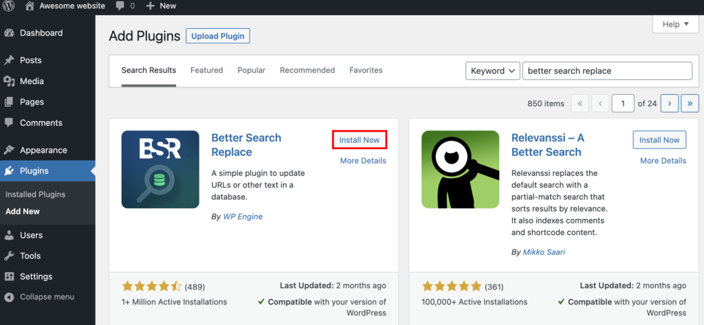 Plugin Better Search Replace di halaman WordPress dengan tombol instal yang dipilih