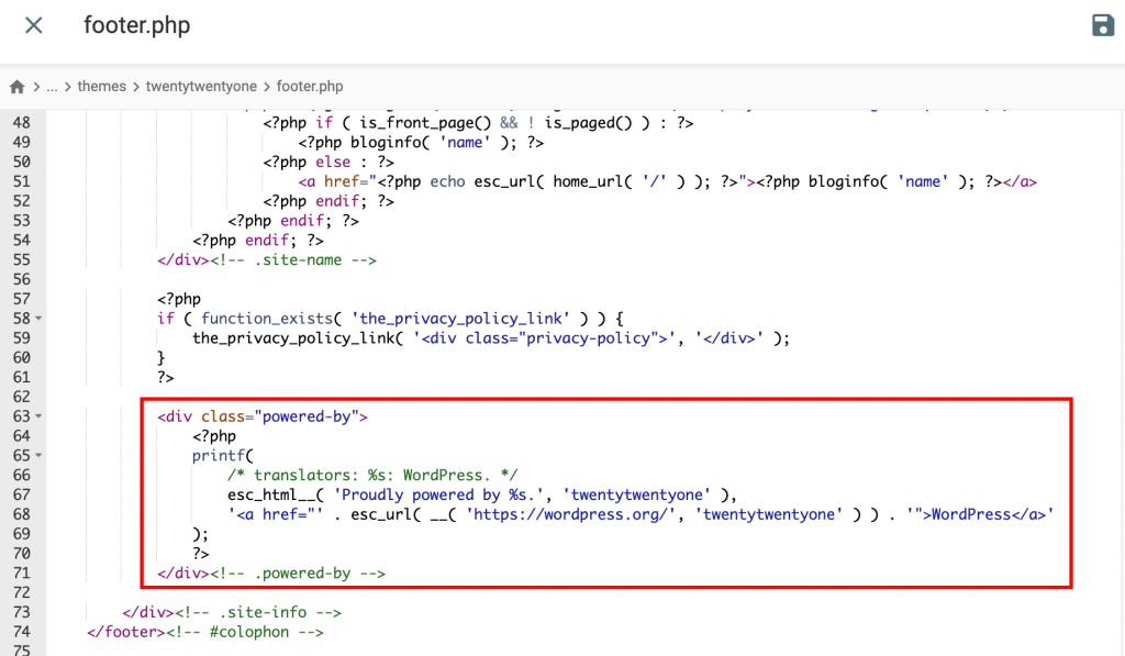 Isi file footer.php. Kode "Didukung oleh" disorot