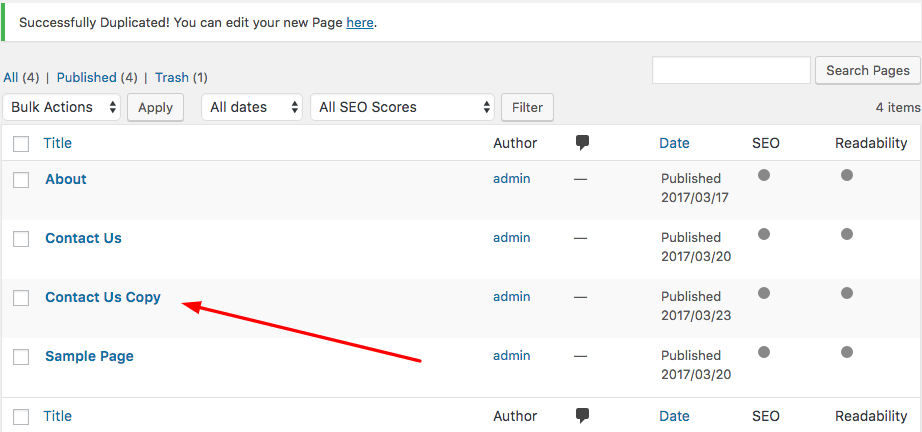 Halaman WordPress yang telah diduplikasi
