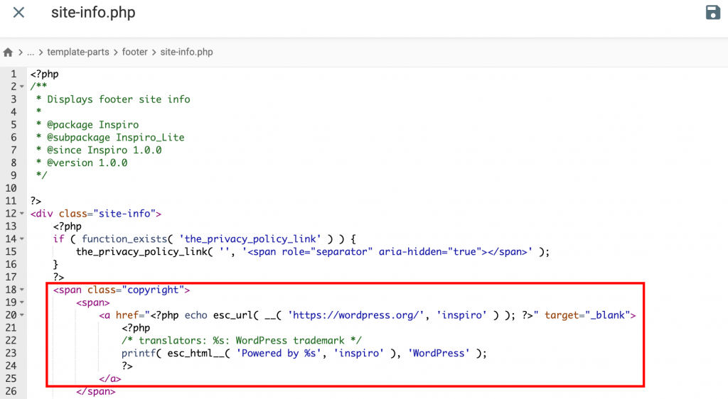 Isi file site-info.php. Kode untuk Hak Cipta disorot