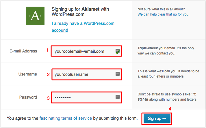 Formulis membuat akun di Akismet