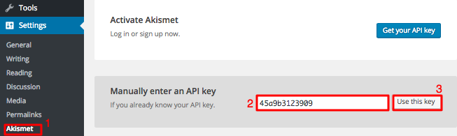 API key di halaman pengaturan Akismet