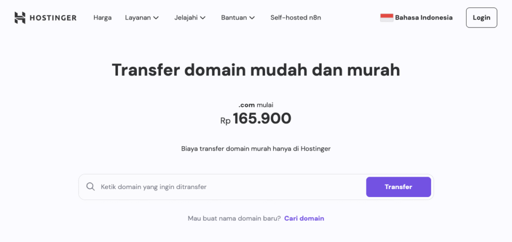 Halaman transfer domain Hostinger Indonesia
