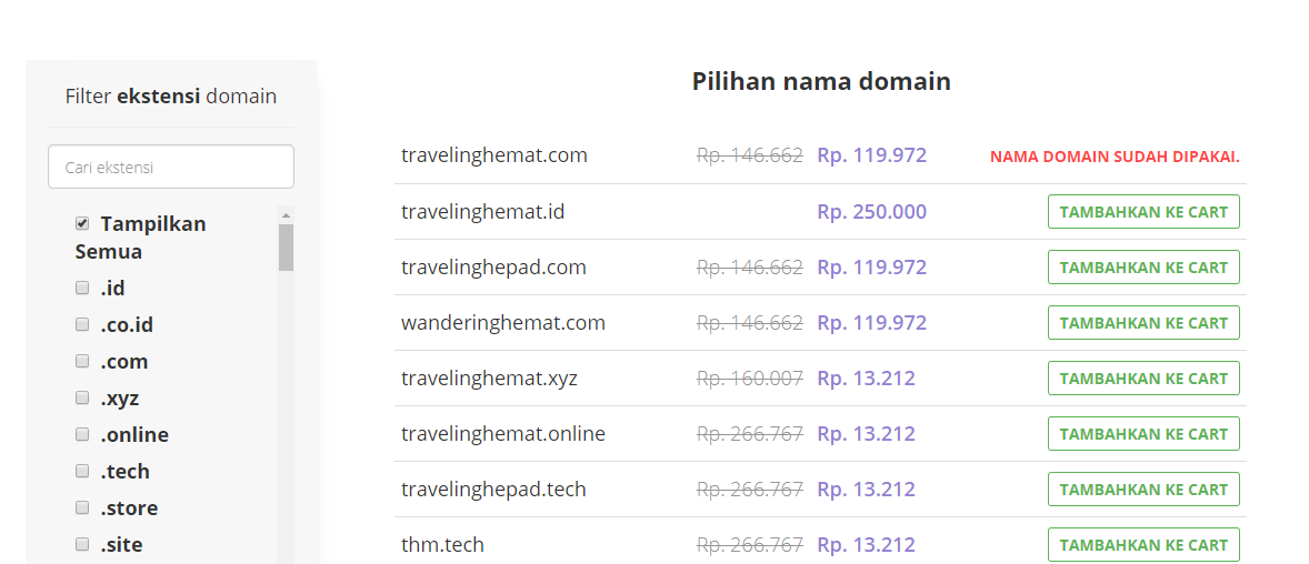 Daftar domain yang sudah dan belum terpakai
