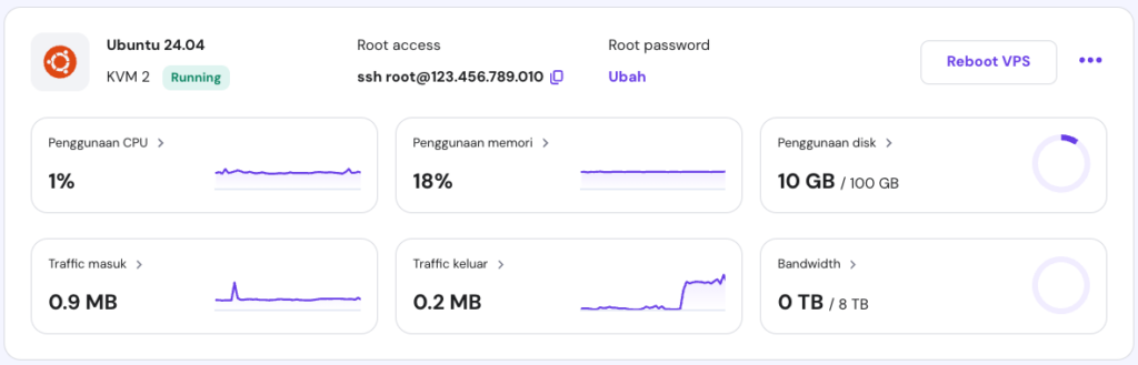 bagian ringkasan vps di hpanel menampilkan detail ssh