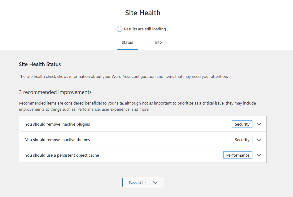 Tampilan bagian Site Health di WordPress