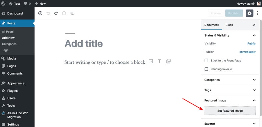 WordPress post editor untuk menambahkan featured image