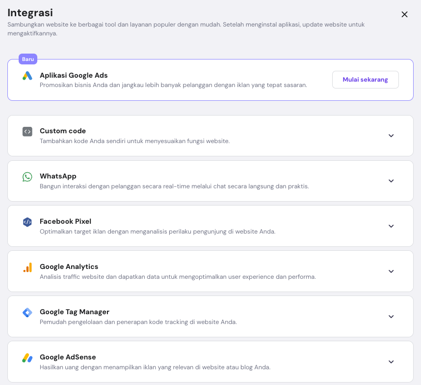 daftar integrasi tool yang didukung oleh website builder hostinger