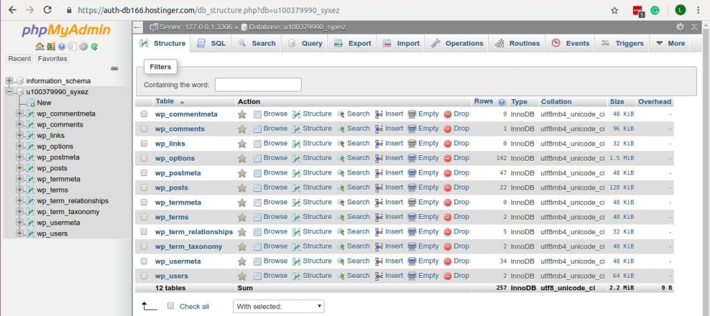 Interface phpMyAdmin