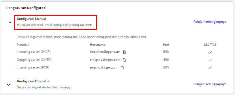 Informasi konfigurasi manual di halaman Akun Email hPanel
