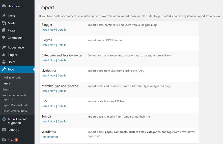 tampilan halaman wordpress importer