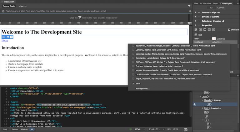 opsi font dreamweaver builder