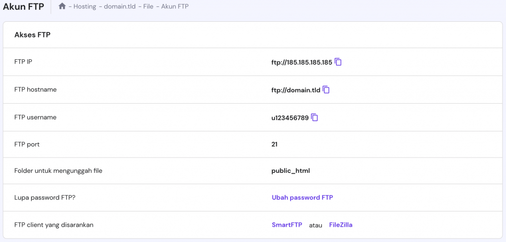 Informasi akun FTP di hPanel