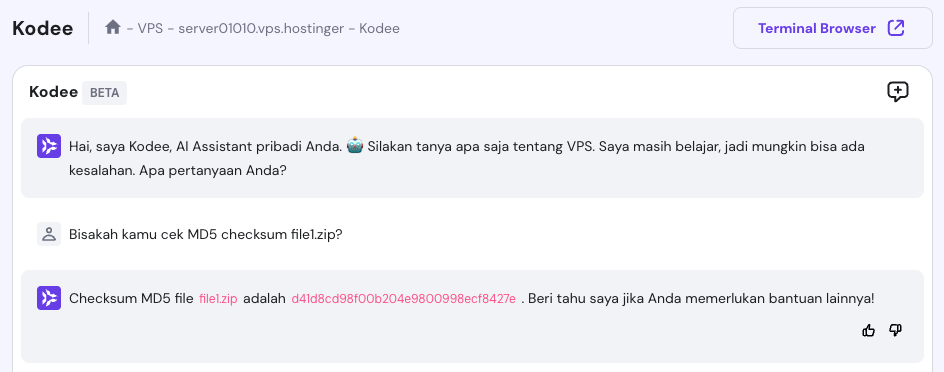 kodee menampilkan hasil checksum MD5 file1 di vps hostinger