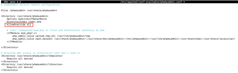 tampilan nano text editor dengan allowoverride all yang dipilih